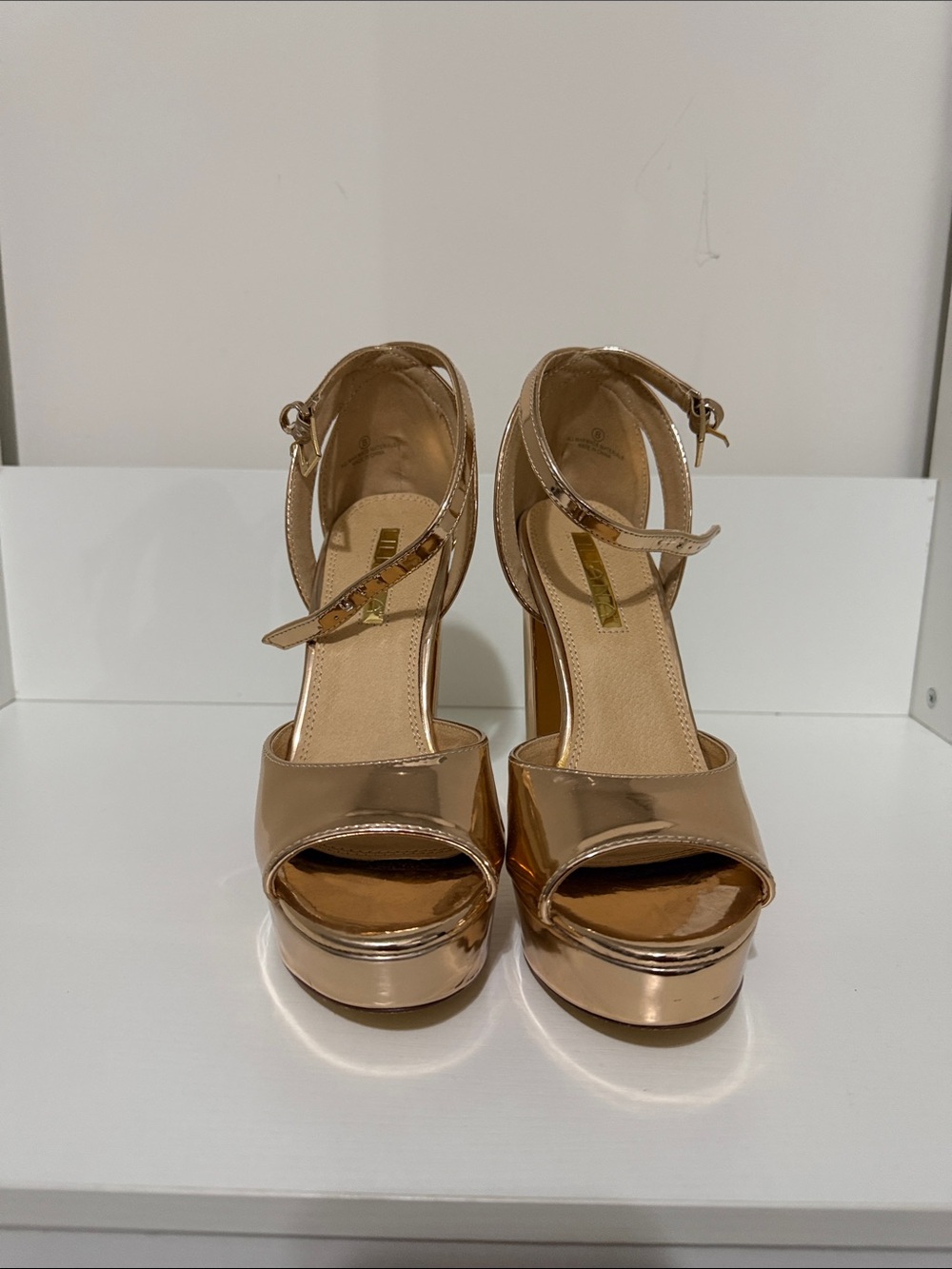 Metallic Rose Gold Platform Sandals with Ankle Strap